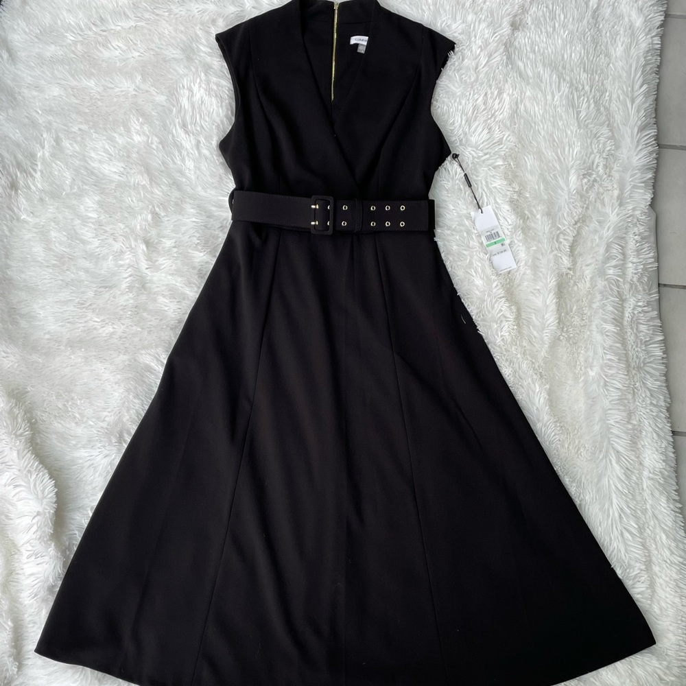 Calvin Klein Belted Midi ALine Black & Gold Dress